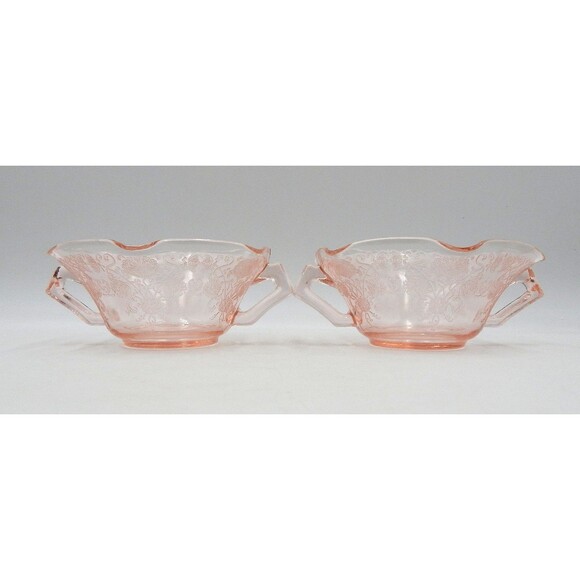 Hazel Atlas Florentine Poppy Pink Depression Glass Two-Handle Soup Nut Bowl Pair - Picture 4 of 9